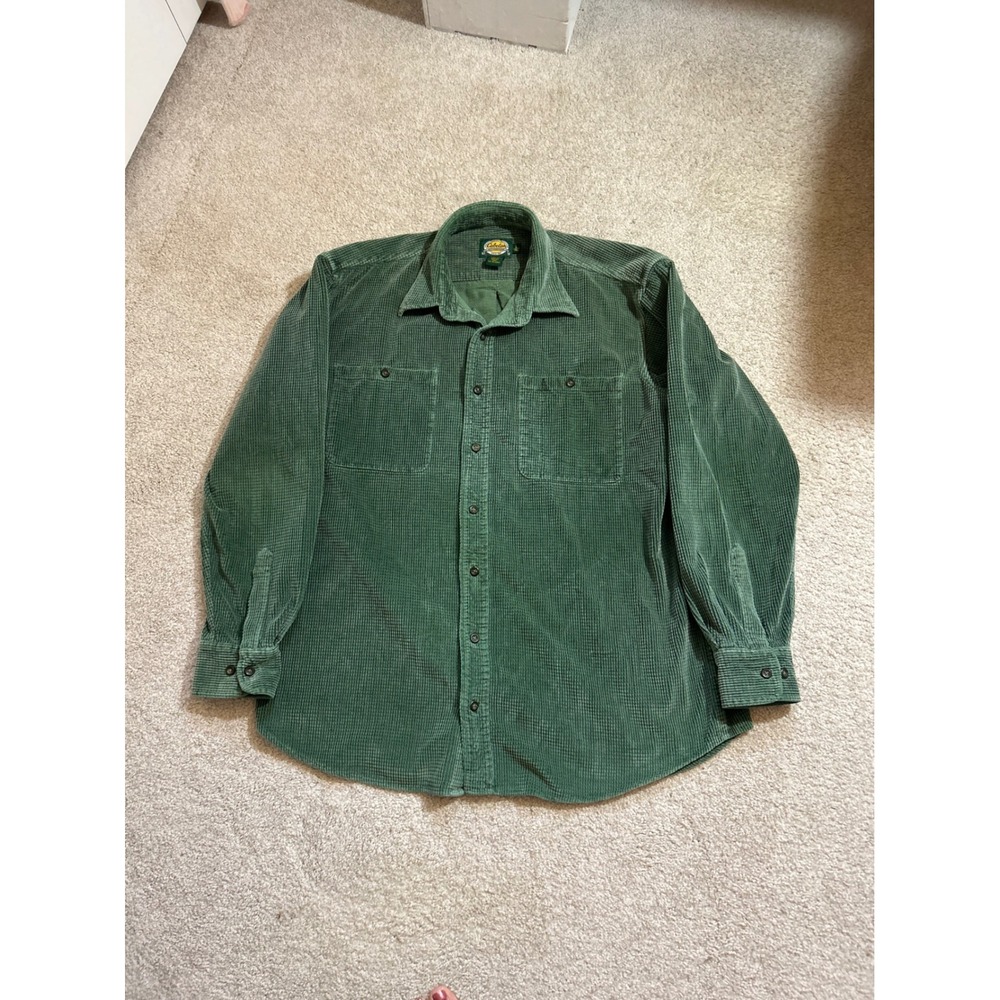 Cabelas Mens L Tall Green Corduroy Button Down Shirt Long Sleeve Cotton Vintage